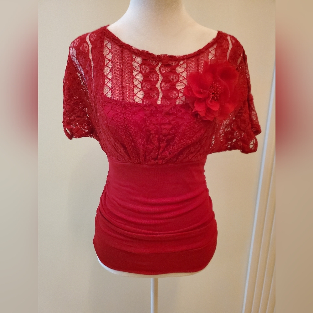 Lace Sweater See Thru Top W/ Satin Cami Junior Sm Gathered At Waist Floral Pin